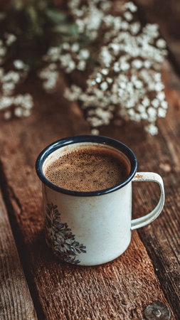 Coffee cup with flowers on rustic wooden background, selective focus