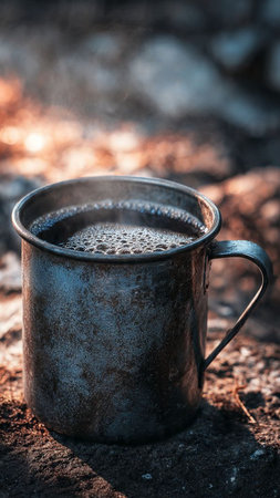 Coffee in a metal mug on the ground in the forestの写真素材