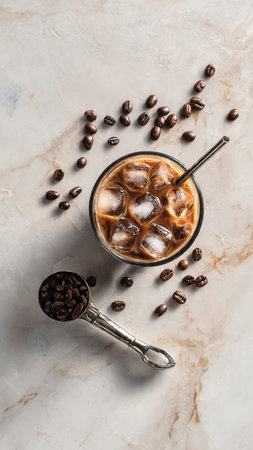 Iced coffee with ice cubes and coffee beansle background, top view