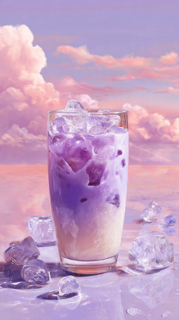 Iced violet tea with ice cubes in glass on sky background.の写真素材