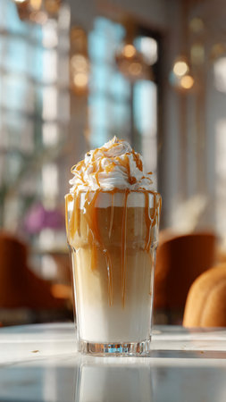 Coffee with whipped cream in a tall glass on the tableの写真素材