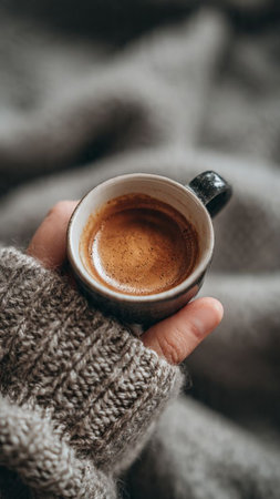 Female hands in warm knitted sweater holding cup of coffee. Cozy winter morning.の写真素材