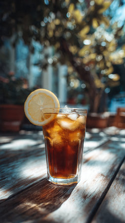 Iced tea with lemon on a wooden table in a cafe.の写真素材