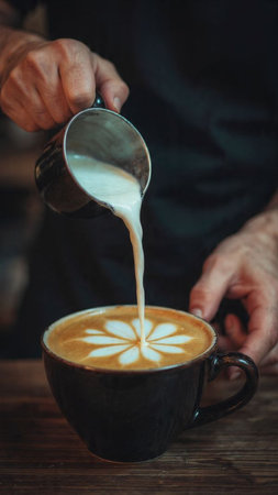 Barista pouring milk into a cup of coffee latte art.の写真素材