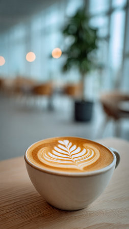 Coffee latte art on wood table in coffee shop.の写真素材