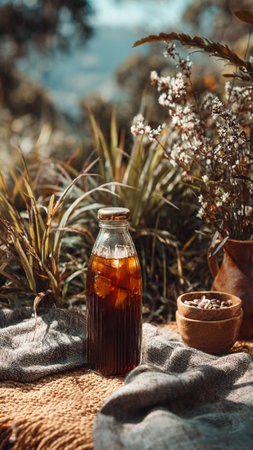 A bottle of ice tea on a wooden table with dried flowers.の写真素材
