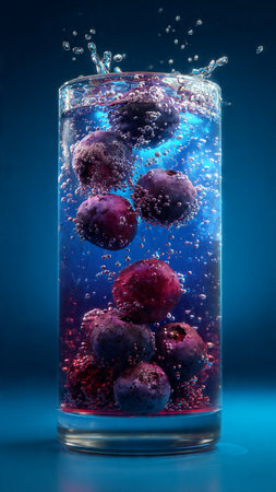 Blueberry fruit splashing in a glass of water on blue backgroundの写真素材