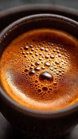 Coffee in a brown cup on a dark background close upの写真素材