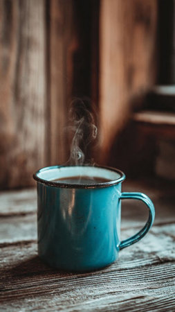 Cup of hot coffee on a wooden background. Vintage style.の写真素材