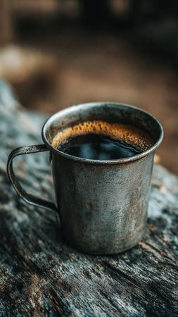 Coffee cup on old wood, vintage filter and soft focusの写真素材