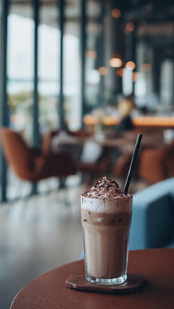 Iced coffee with whipped cream in glass on table in coffee shopの写真素材