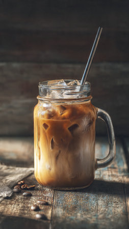 Iced coffee with milk in a glass jar on a wooden backgroundの写真素材