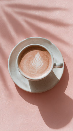 Cup of coffee with latte art on pastel pink backgroundの写真素材