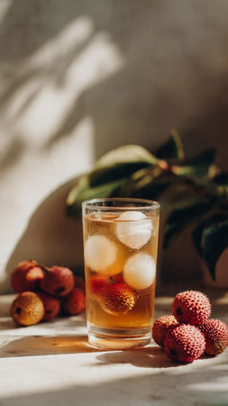 Lychee cocktail with ice cubes and fresh ripe fruits on white table
