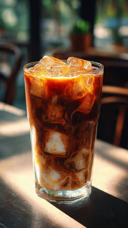 Iced coffee with ice cubes on the table in a cafe.