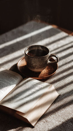 Cup of coffee and open book on wooden table with sunbeamsの写真素材