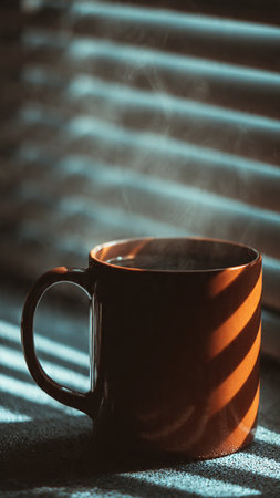 Cup of coffee in front of window with blinds, close upの写真素材