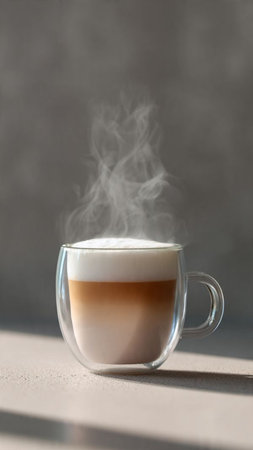 Cup of cappuccino with steam on the table.の写真素材