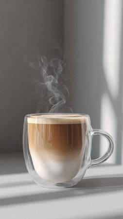 Cup of hot cappuccino with steam on grey backgroundの写真素材