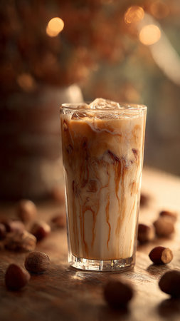 Iced coffee with hazelnuts on wooden table, closeup