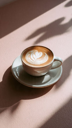 Cup of cappuccino with latte art on pink backgroundの写真素材