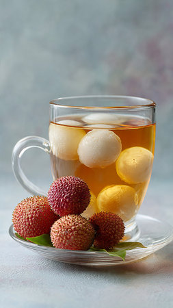 Litchi tea in a glass cup with fruits on a light backgroundの写真素材