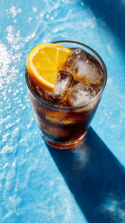Glass of cola with ice cubes and lemon slice on blue background