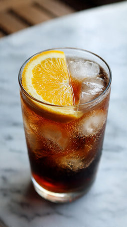 Cola with ice cubes and lemon on a marble table, selective focusの写真素材