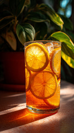 Cocktail with lemon and ice on the table in the sunlightの写真素材