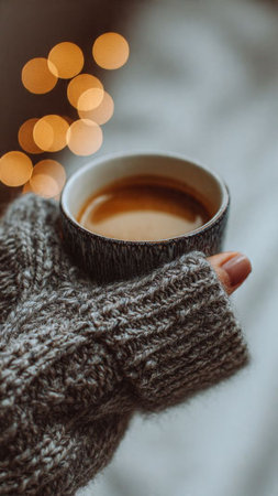 Female hands in warm knitted mittens holding a cup of coffee on the background of bokehの写真素材