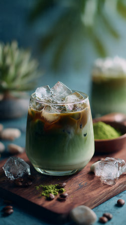 Iced coffee with milk and ice cubes, selective focus image.の写真素材