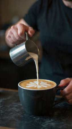 Barista pouring milk into cup of latte art coffee on black backgroundの写真素材