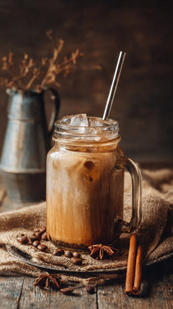 Iced coffee with milk in a glass jar on a wooden backgroundの写真素材