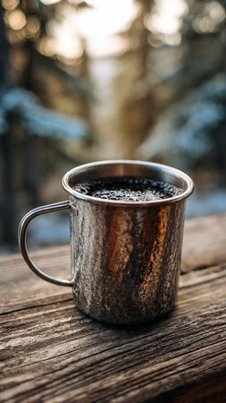 Metal cup of coffee on the wooden table in winter forest, close upの写真素材