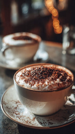 Cappuccino with whipped cream and cocoa powder on wooden tableの写真素材