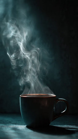 Coffee cup with smoke on dark background. Copy space.の写真素材