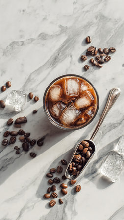 Iced coffee with ice cubes and coffee beans on a marble backgroundの写真素材