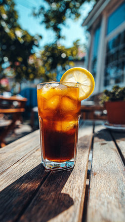 Iced coffee with lemon in a glass on a wooden table.の写真素材