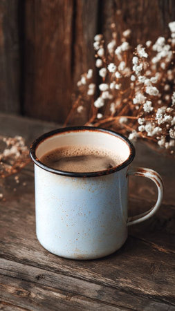 Coffee cup on wooden table with gypsophila flowersの写真素材