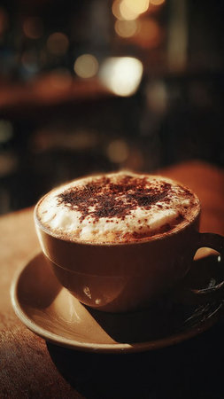Cappuccino in a cup on a wooden table in a cafe