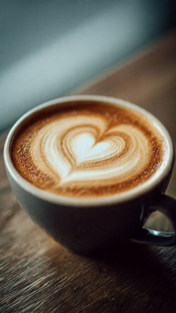 Coffee cup with heart shape latte art on wooden tableの写真素材