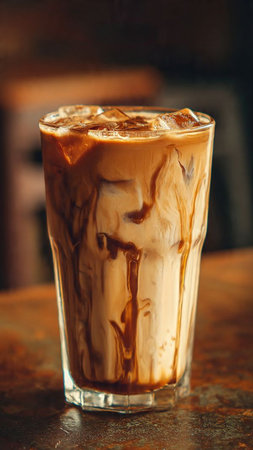 Iced coffee with milk in a glass on a wooden table.