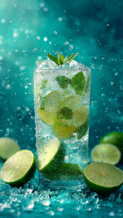 Mojito cocktail with lime, mint and ice on blue backgroundの写真素材