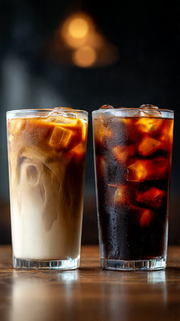 Iced coffee with ice cubes in glass on wooden table, stock photo