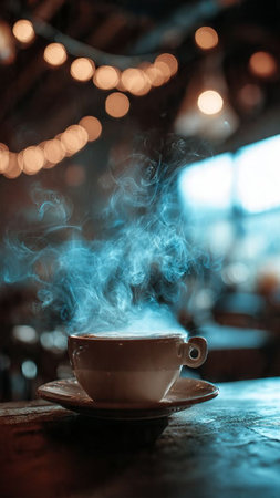 Coffee cup on wooden table in coffee shop with bokeh backgroundの写真素材