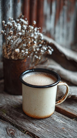 Cup of coffee on old wooden background. Vintage style toned pictureの写真素材