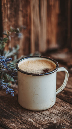 Coffee cup on rustic wooden background. Vintage style.の写真素材