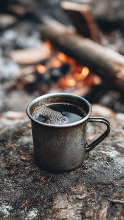 Cup of coffee on the background of a campfire in the forestの写真素材