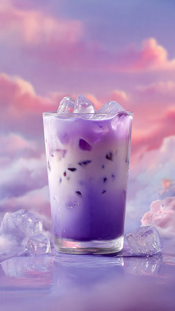 Iced milk tea in a glass with ice cubes on colorful backgroundの写真素材