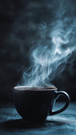 Cup of hot coffee with smoke on dark background. Selective focus.の写真素材